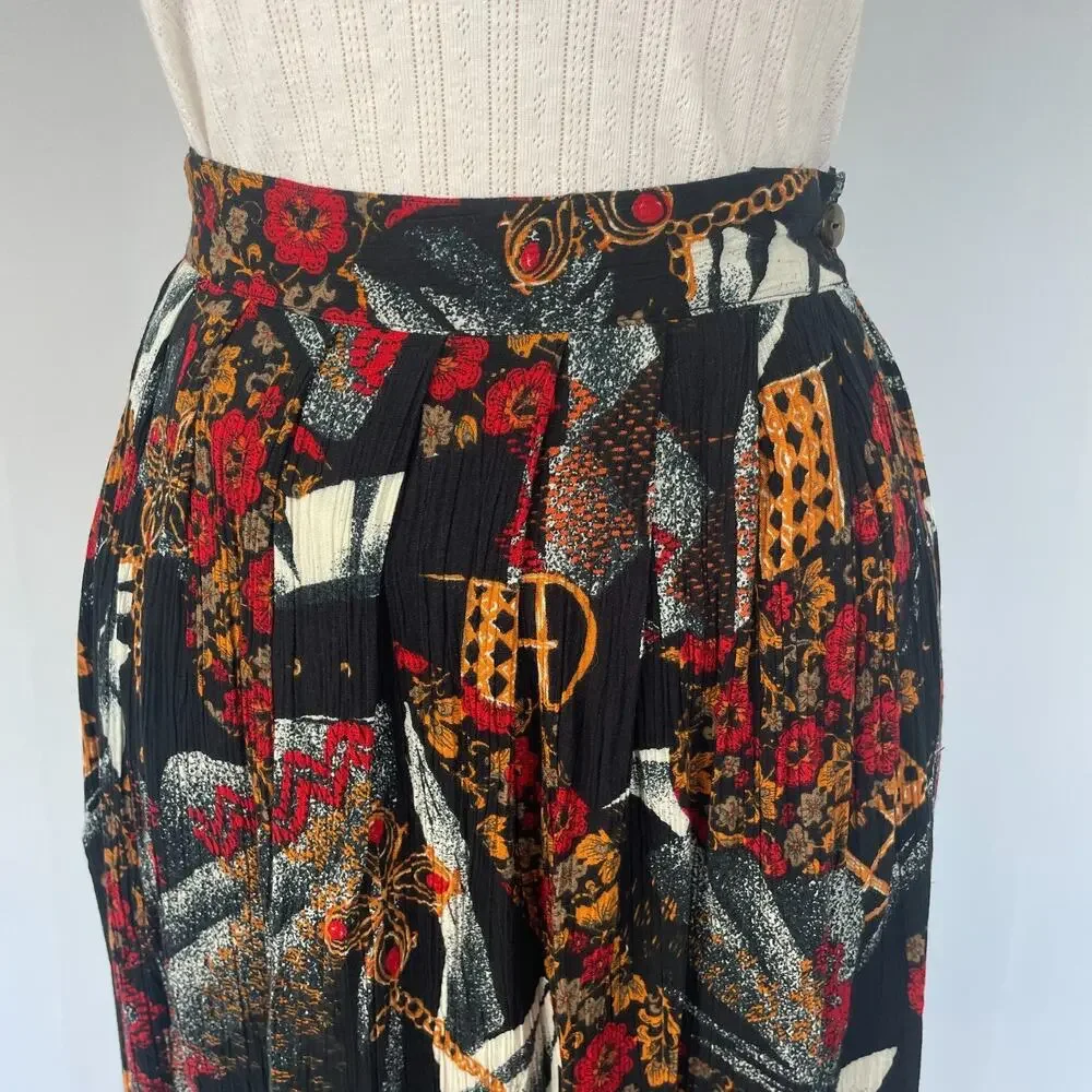 Vintage Midi Skirt Size 10 Petite 10P Black Red Mix Print Floral Preppy Academia